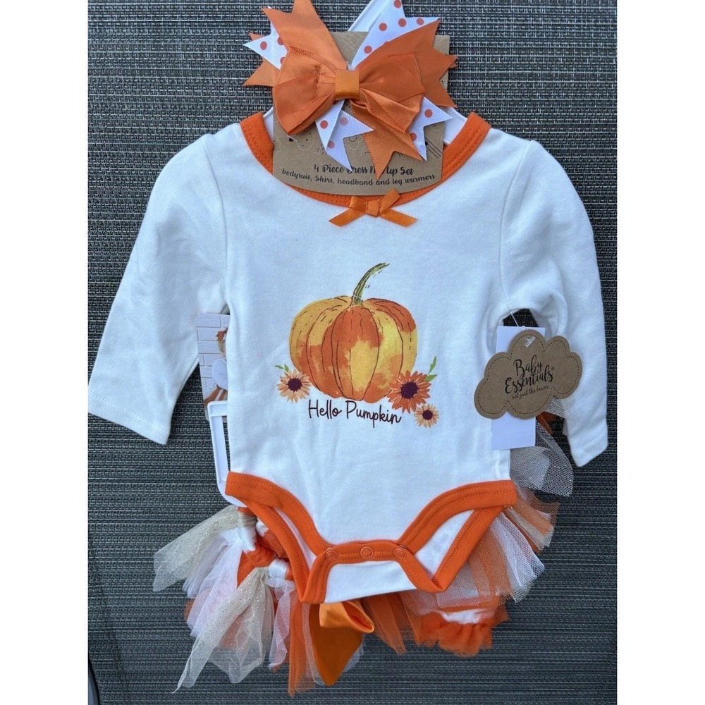 Baby Essentials Hello Pumpkin Bodysuit Tutu Leg Warmers & Bow Set 3M Fall 4pc